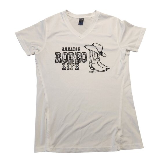 Arcadia Rodeo Life T-Shirt Cowgirl Boots V-Neck Western White Womens Medium‎ - Picture 1 of 9